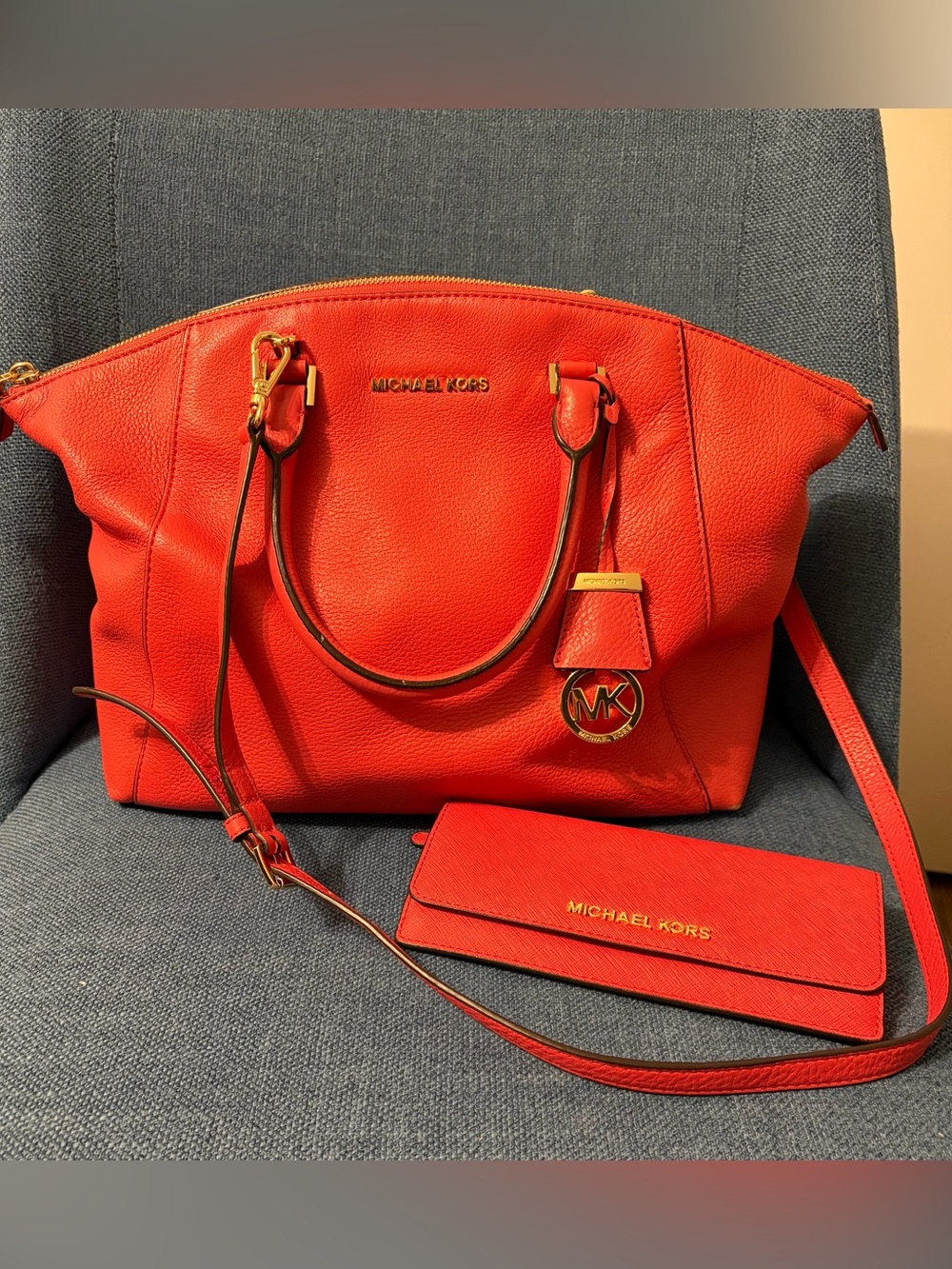 Michael Kors Coral-Red Pebbled Leather Satchel with Matching Wallet